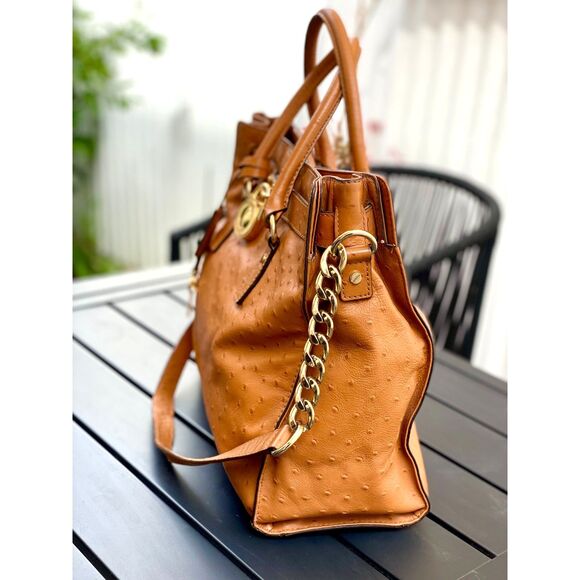 Michael Kors Caramel Ostrich Print Leather Satchel Crossbody Strap & Logo Lock - Picture 5 of 11